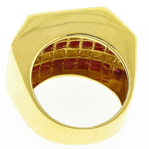 Estate 1.80ct Princess Cut Ruby 1.10ct Round Cut Diamond 18k Yellow Gold Ring