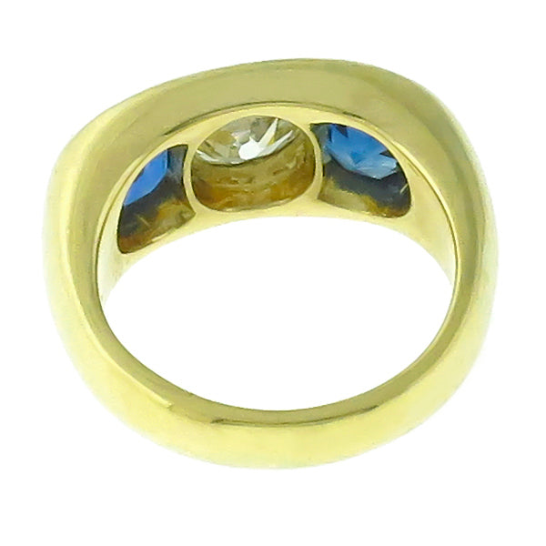 1920s Old Mine Cut Diamond 1.60ct Round Cut Ceylon Sapphire 18k Yellow Gold Ring