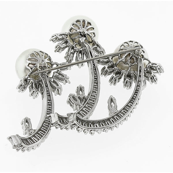 Estate 1950s 6.00ct Marquise & Baguette Cut Diamond Pearl Platinum Pin