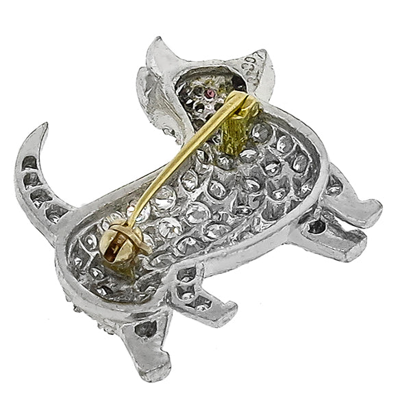Estate 2.00ct Round Cut Diamond Ruby Platinum Chihuahua Dog Pin