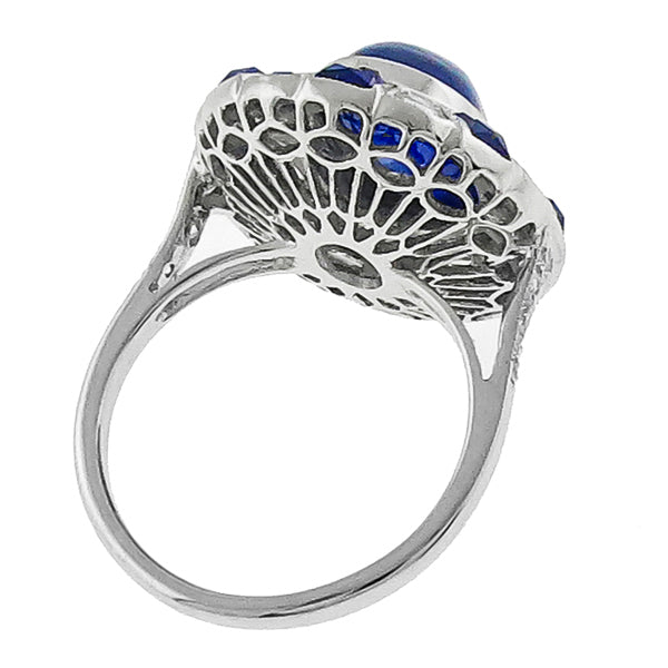 Estate 5.80ct Cabochon Center Sapphire 0.93ct Baguette Diamond 18k White Gold Ri