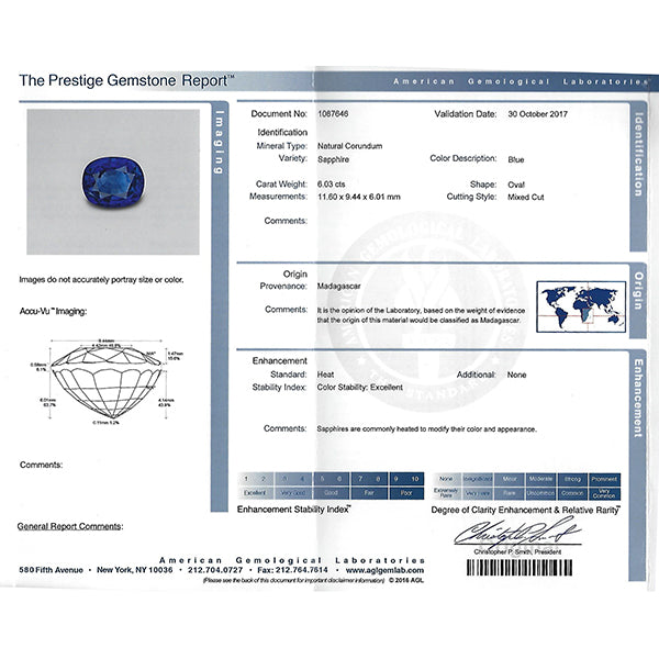 AGTA Certfied 6.03ct Cushion Cut Sapphire and Diamond Platinum Engagement Ring