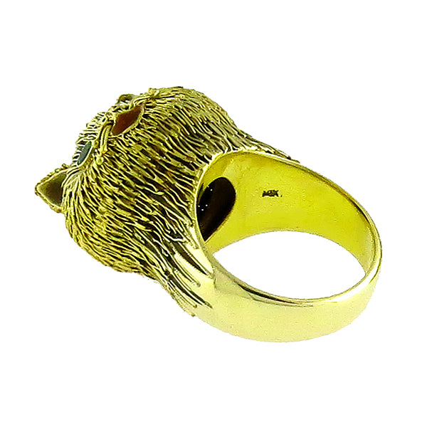 Estate Round Cut Emerald 14k Yellow Gold Enamel Cat Ring