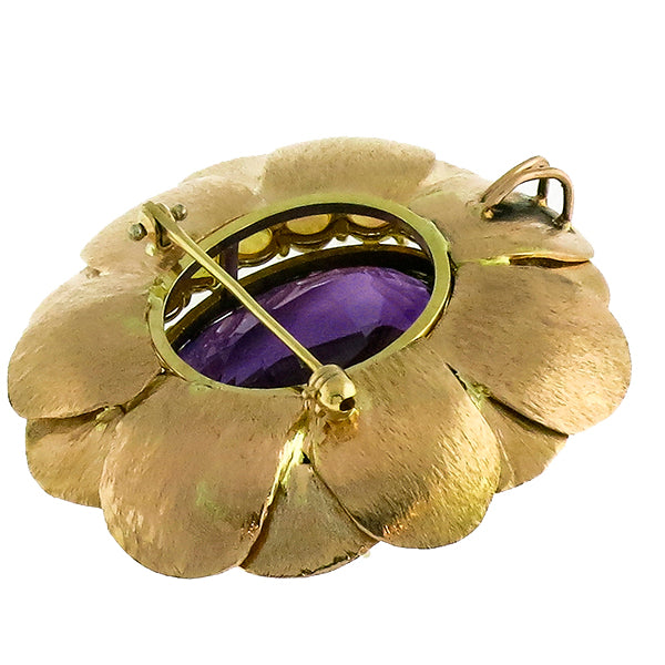 1960s 30 Oval Amethyst and Opal Diamond 14k Yellow & WhiteGold Lotus Pin/Pendant