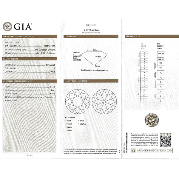 Edwardian GIA Certified 1.26ct Old European Cut Diamond Platinum Engagement Ring