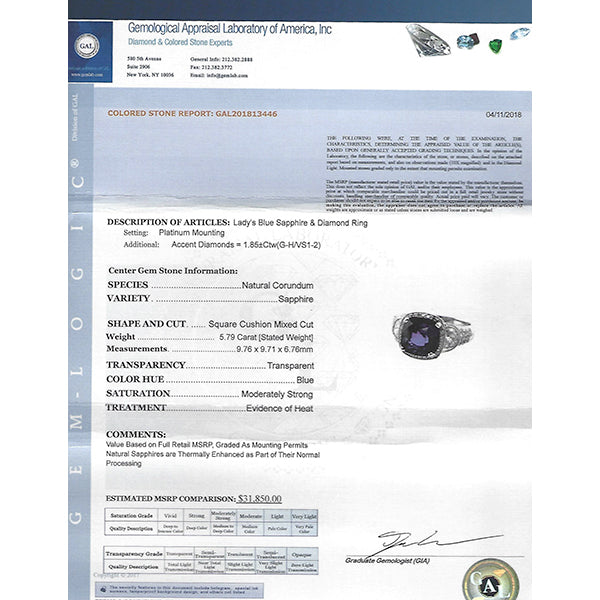 Estate JB Star GAL Certified 5.79ct Sapphire 1.70ct Diamond Engagement Ring