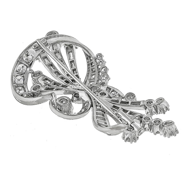 1950s 6ct Round And Baguette Diamond 18k White Gold Floral Pin