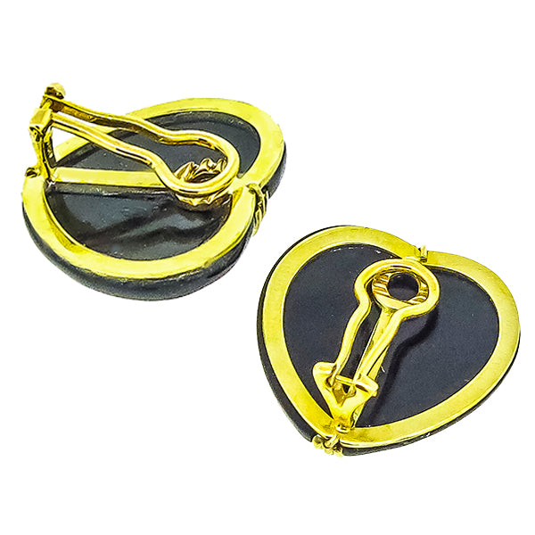 Vintage 18k Yellow Gold Mabe Pearl Onyx and Diamond Earrings