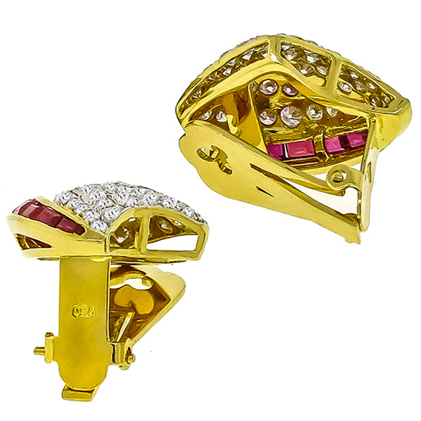 Estate 3ct Diamond 1ct Baguette Cut Ruby 18k Yellow Gold Earring