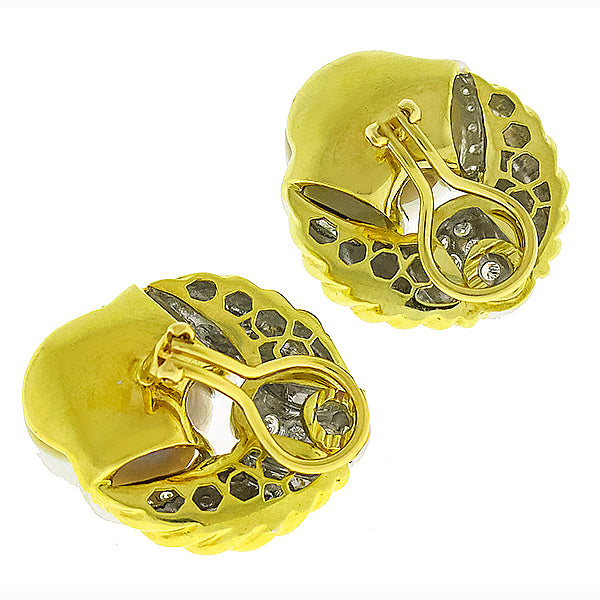 Vintage 1.00ct Round Diamond 16.5mm South Sea Pearl 18k Yellow Gold Earrings