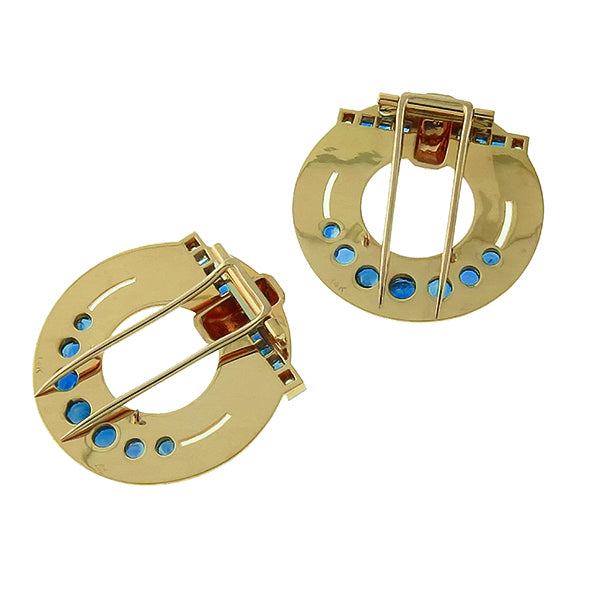 4 Carat Sapphire Retro Pin Double Clip in 14 Karat Yellow Gold