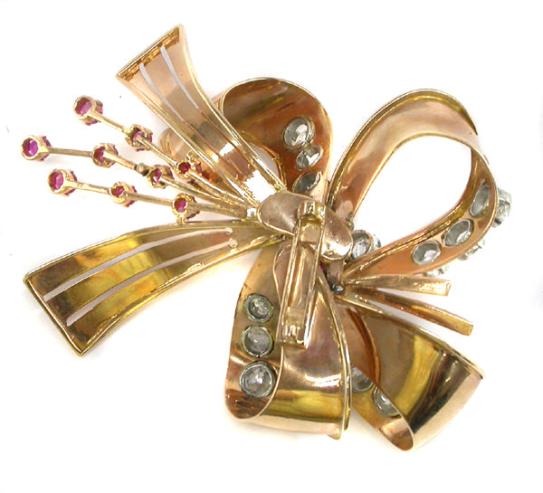 Retro 5.95ct Diamond Ruby 18k Pink and White Gold Bow Pin