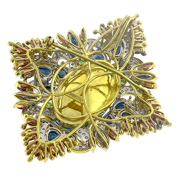 Turquoise Sapphire, Ruby, Diamond & Emerald Gold Pin/ Pendant