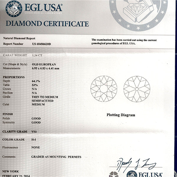 Vintage EGL Certified 1.34ct Diamond Engagement Ring