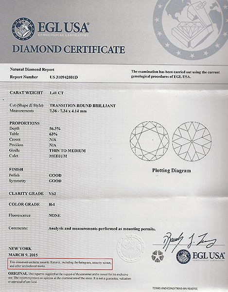 Vintage EGL Certified 1.41ct Diamond Engagement Ring