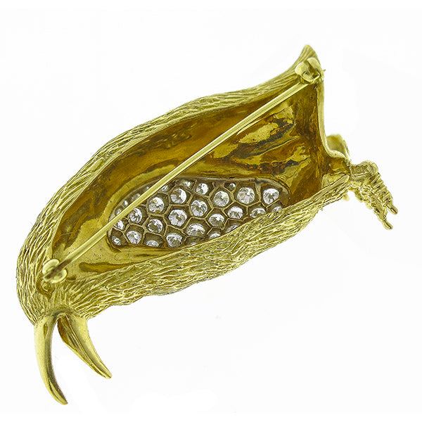 Vintage Estate 1.25ct Round Cut Diamond & Ruby 18k Yellow Gold Penguin Pin