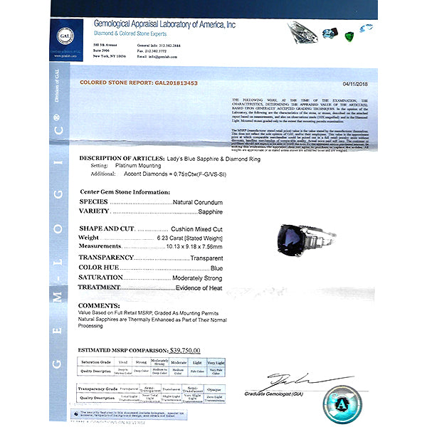 Vintage GAL Certified 6.23ct Sapphire 1.00ct Diamond Engagement Ring