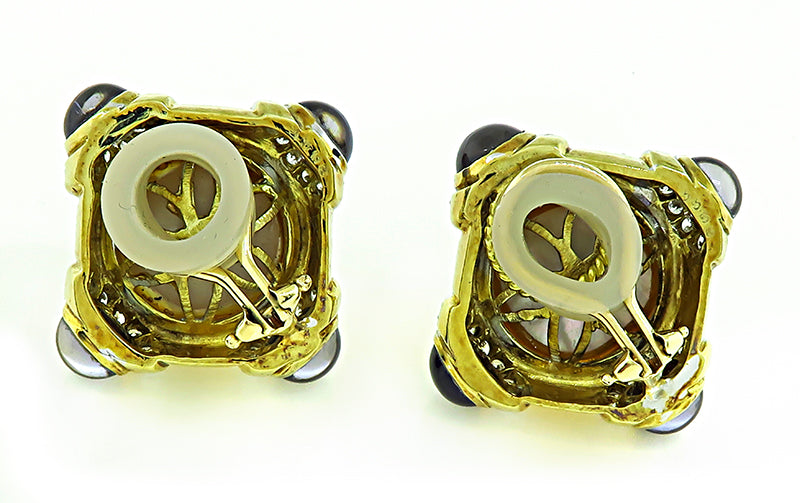 Estate Mabe Pearl 1.75ct Diamond Iolite Gold Earrings