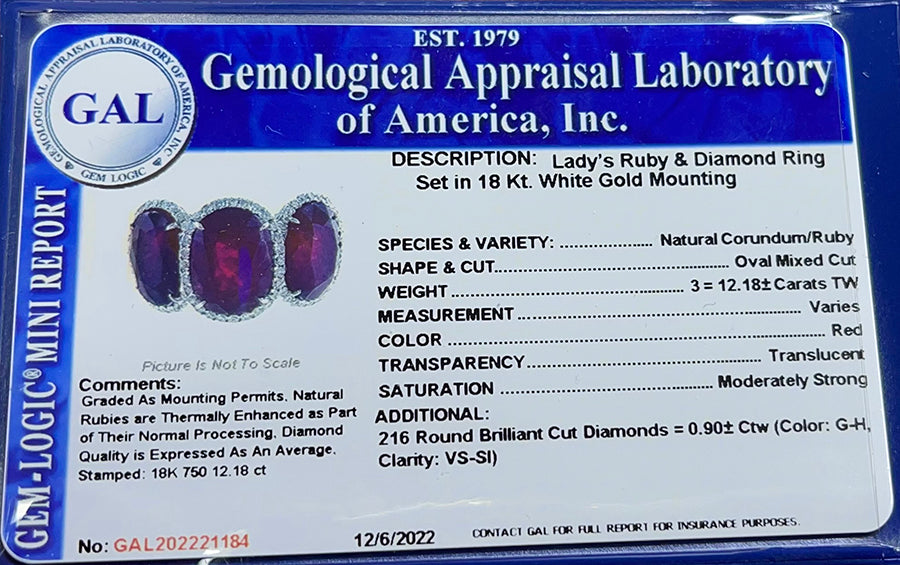 Estate GAL Certified 12.18ct Ruby 1.00ct Diamond Ring