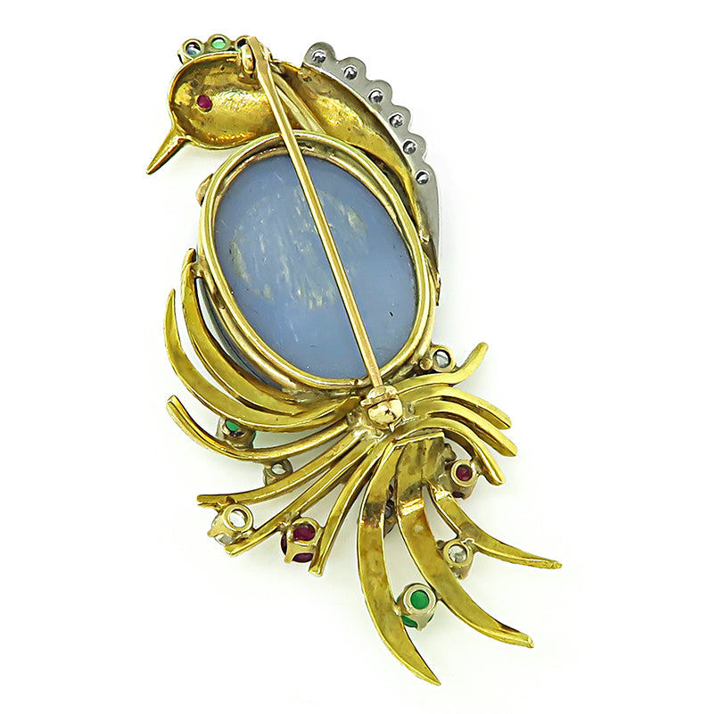 Estate Black Opal 0.50ct Diamond Precious Gemstone Gold Bird Pin