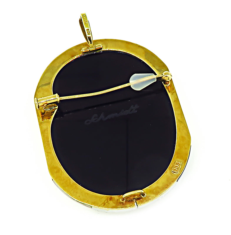 Estate Pearl Onyx Horse Farm Theme Cameo Pin / Pendant