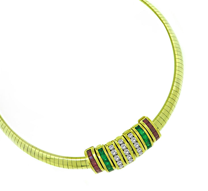 1.05ct Round Cut Diamond 1.60ct Multi Color Gems Gold Omega Necklace