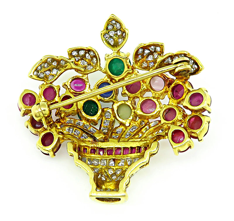 Estate Basket Pin with Diamond Ruby Emerald Sapphire Cat's Eye