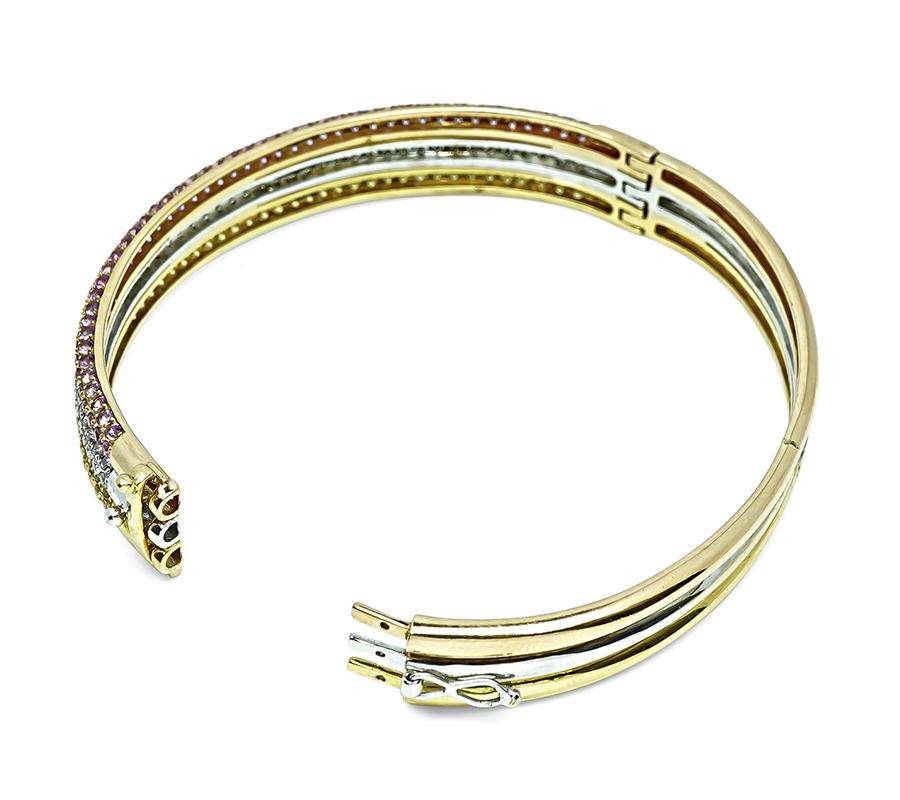 Estate 8.00ct Pink and Yellow Sapphire 3.30ct Diamond Three Tone Gold Bangle