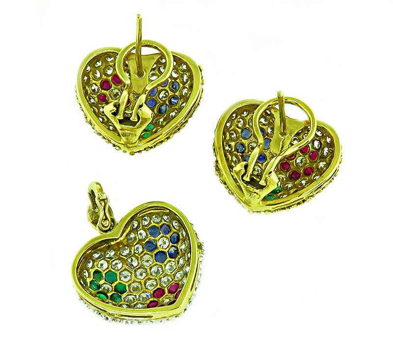 Estate 8.50ct Diamond Multi Color Precious Stone Heart Pendant and Earrings Set