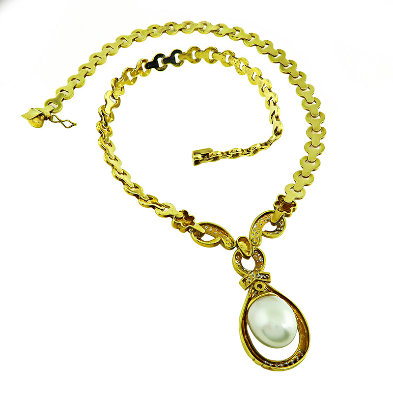 Estate 1.00ct Diamond South Sea Pearl Gold Necklace