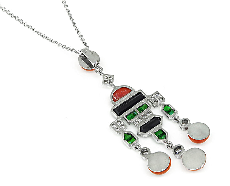 Estate Diamond Coral Onyx Tsavorite Pendant Necklace