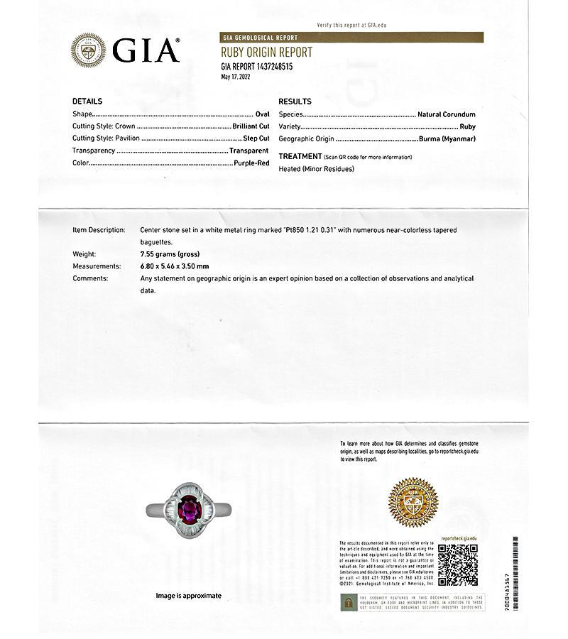 GIA Certified 1.21ct Burma Ruby Diamond Ring