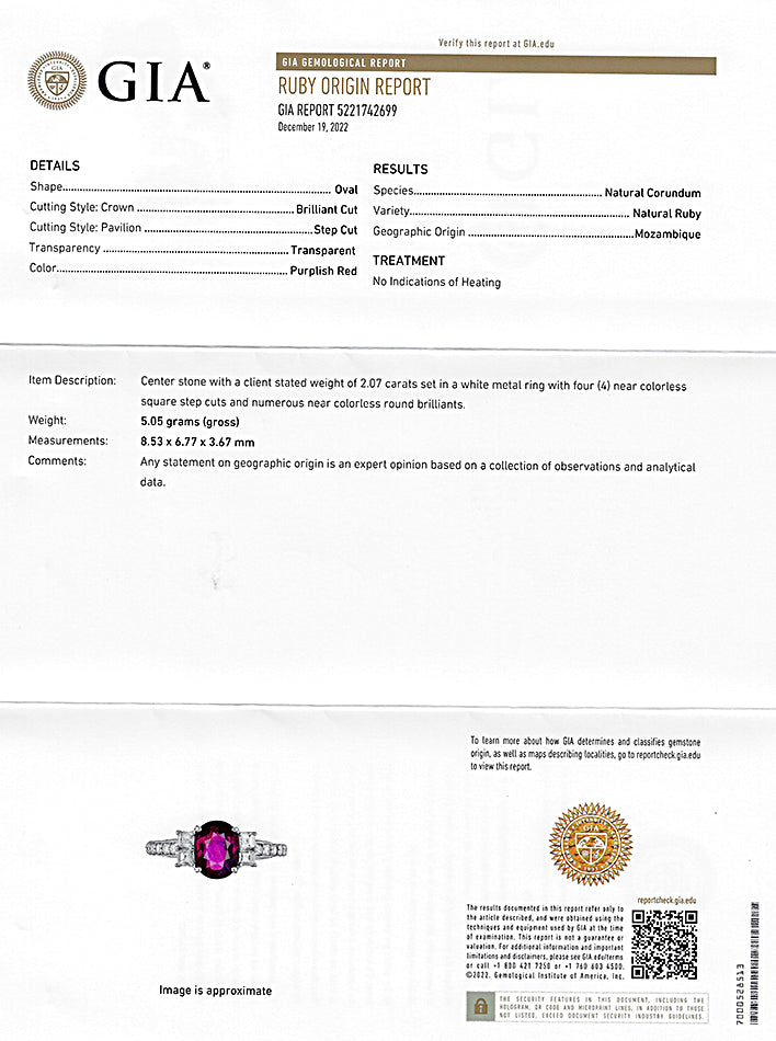Estate GIA Certified 2.07ct No Heat Ruby 0.59ct Diamond Engagement Ring