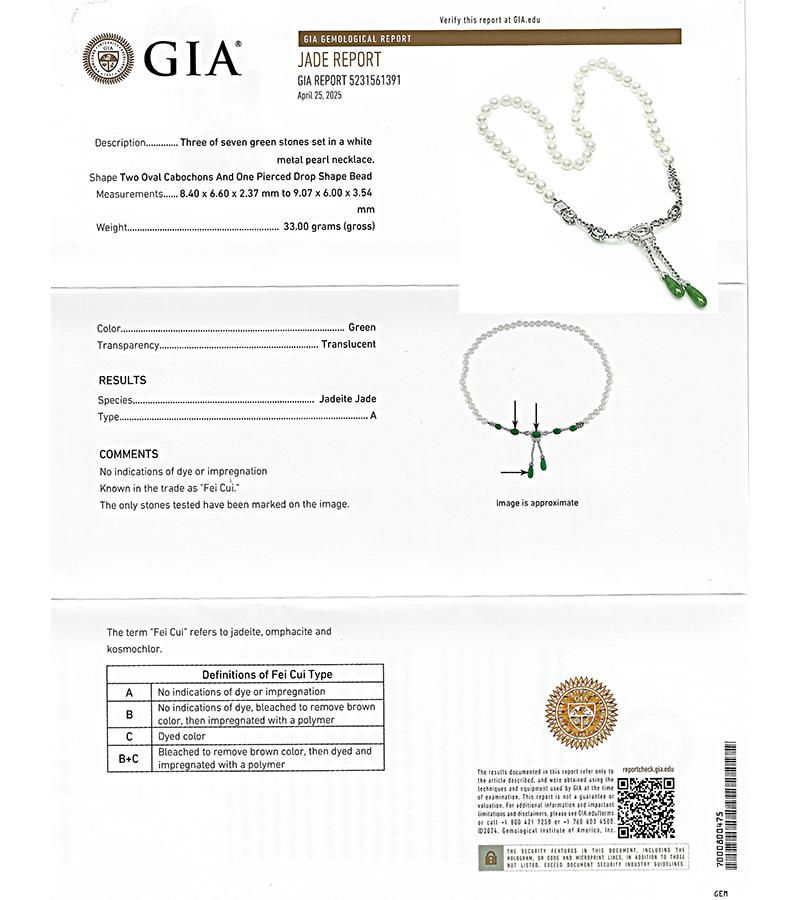 Estate Marsh's GIA Certified A Type Fei Cui Jade 2.00ct Diamond Pearl Necklace