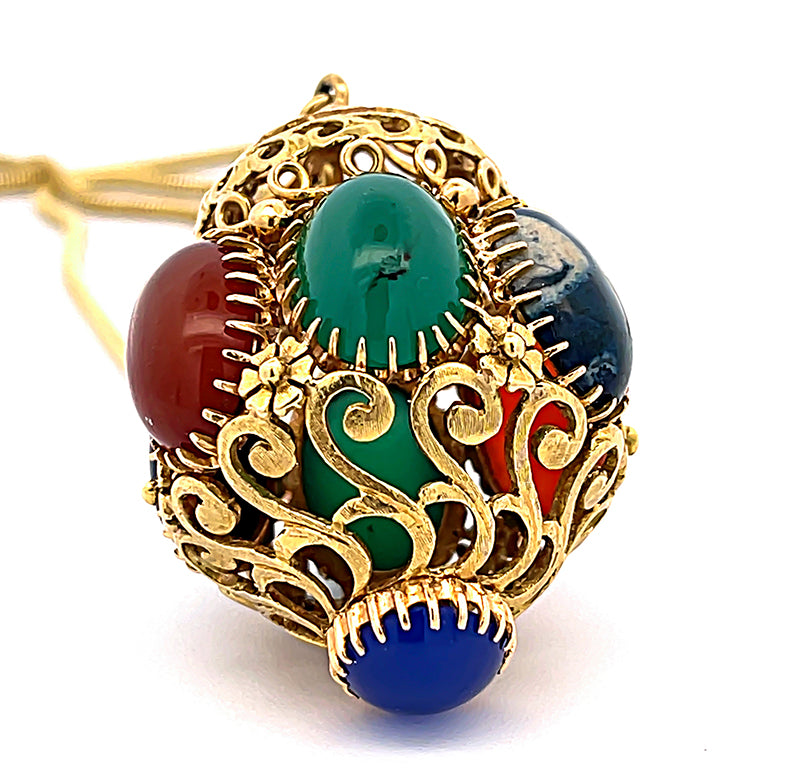 Estate Multi Color Gemstone Yellow Gold Pendant Necklace