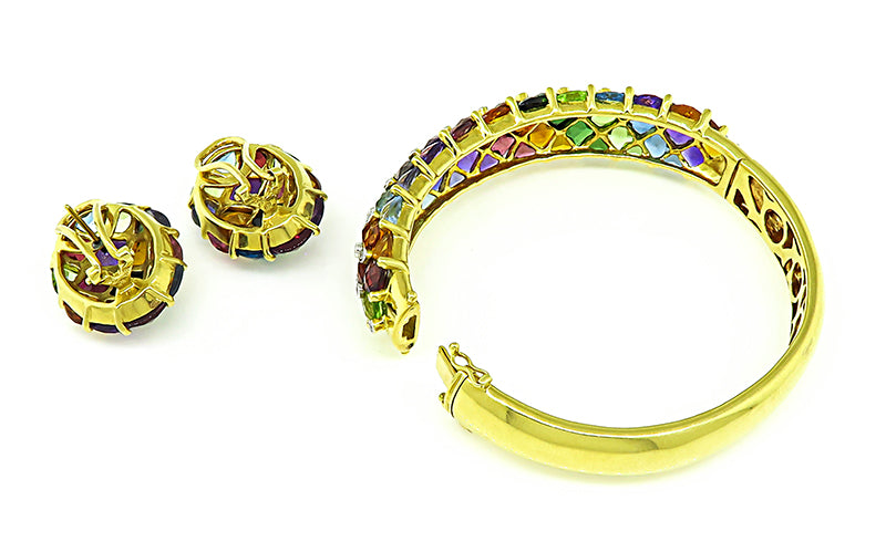 Estate 15ct Multi Semi Precious Gemstones 0.40ct Diamond Gold Bangle Earrings