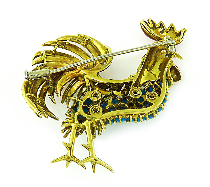 Estate Turquoise Enamel Gold Rooster Pin