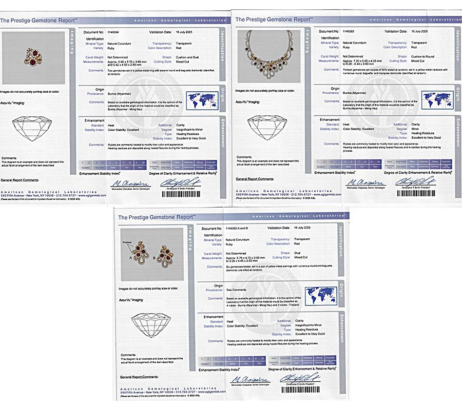 45.00ct Diamond 31.00ct AGL Burma Ruby Gold Necklace Earrings and Ring Set