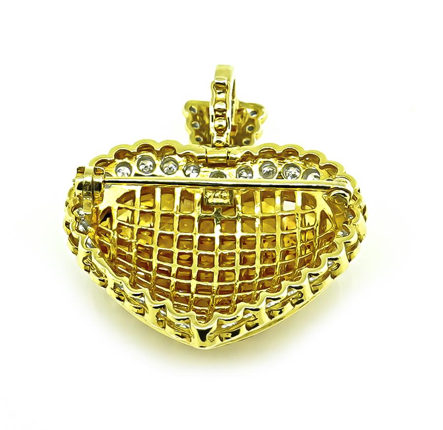 7.00ct Yellow Sapphire 3.00ct Diamond Gold Heart Pin / Pendant