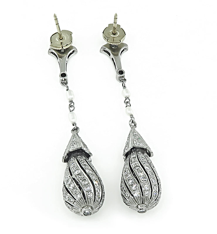 Art Deco 3.00ct Diamond Pearl Drop Earrings
