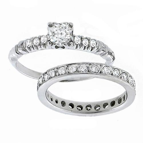 0.40ct Old Mine Diamond 14k White Gold Engagement   Ring & 0.75ct Round Cut  Diamond Eternity  14k White Gold Wedding Band Set