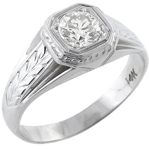 Vintage 0.58ct Old Mine Cut Diamond 14k White  Gold Men's Ring