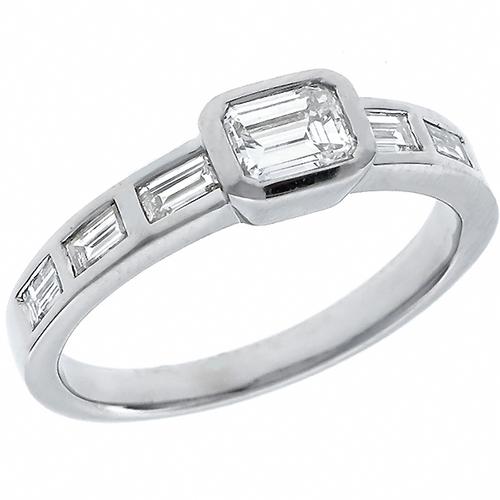 Estate 1.00ct Emerald & Baguette Cut Diamond 18k White Gold Engagement Ring 