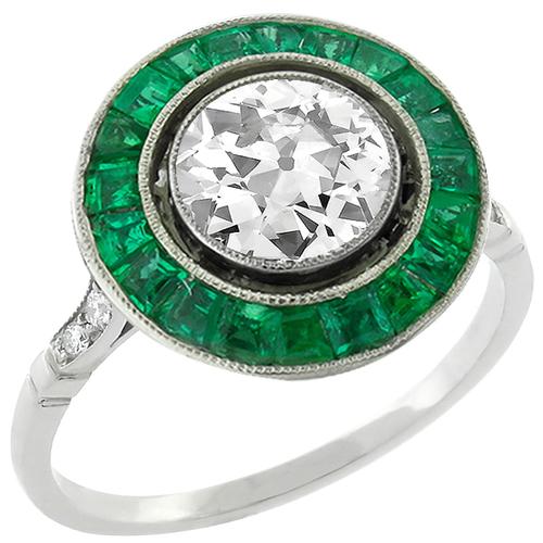 Art Deco Style 1.06ct Old Mine Cut Diamond 0.50ct Calibre & Step Cut Emerald Platinum Engagement Ring 
