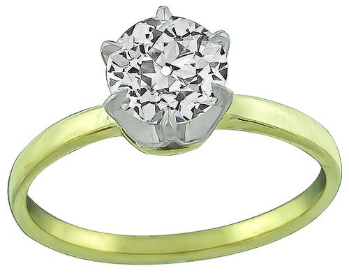 Old Mine Cut Diamond 14k Yellow and White Gold Solitaire Engagement Ring