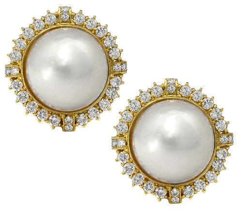 Mabe Pearl Round Cut Diamond 18k Gold Earrings