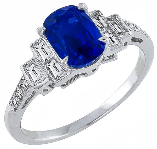 Cushion Cut Sapphire Baguette and Round Cut Diamond 18k White Gold Engagement Ring