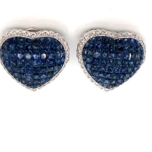 Invisible Set Sapphire Round Cut Diamond 18k White Gold Heart Earrings