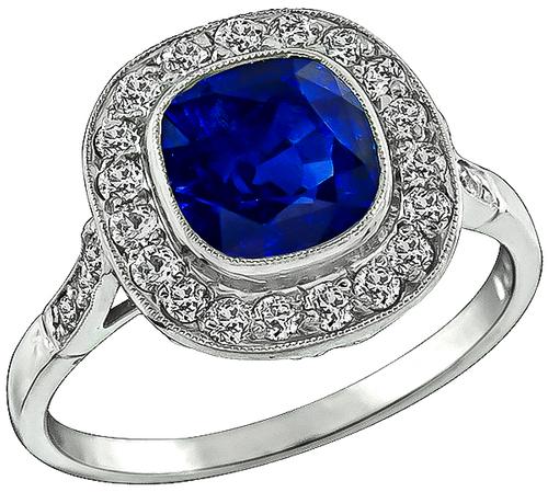 Cushion Cut Ceylon Sapphire Old Mine Cut Diamond Platinum Engagement Ring