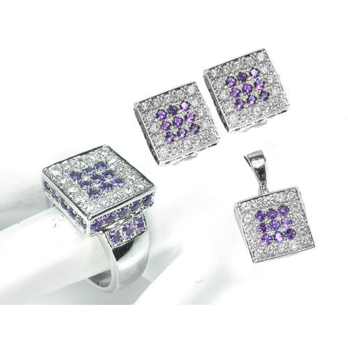 Round Cut Amethyst Round Cut Diamond 14k White Gold Earrings, Ring and Pendant Set